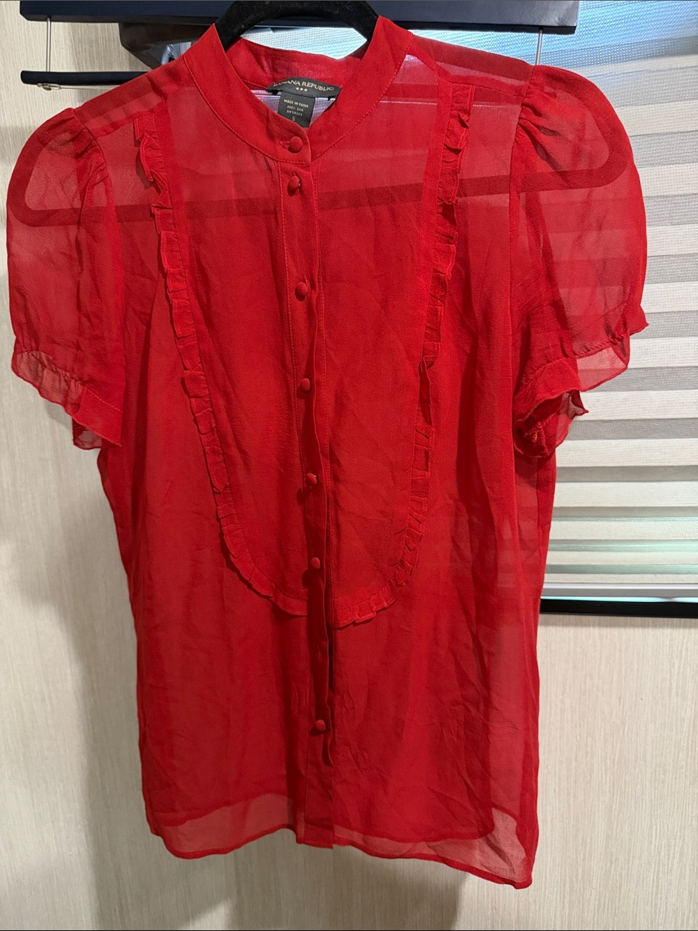 Banana Republic Red Sheer Ruffle-Trim Button Front Blouse